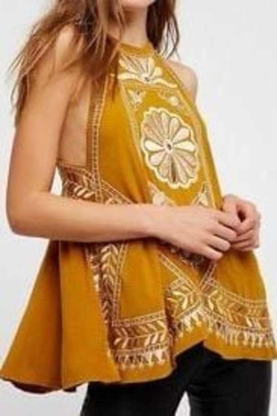 Free People Isabella Embroidered Sleeveless Halter Tunic Tank Top Yellow Small